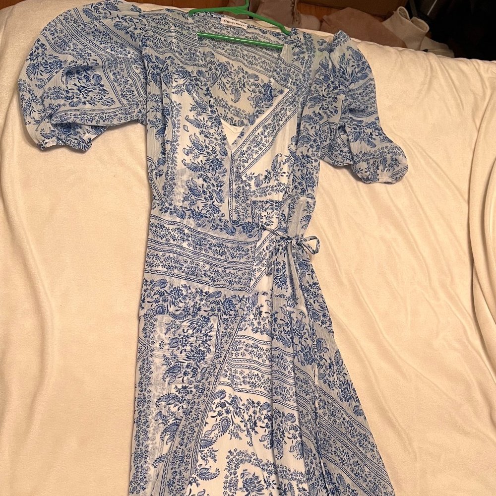 Blue and White Calvin Klein Wrap Dress